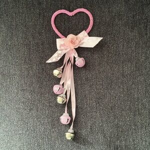 NWT-Pink Heart Door Knob Hanger w/-3 Pink Glittered & 3 Silver Bells & Pink Rose